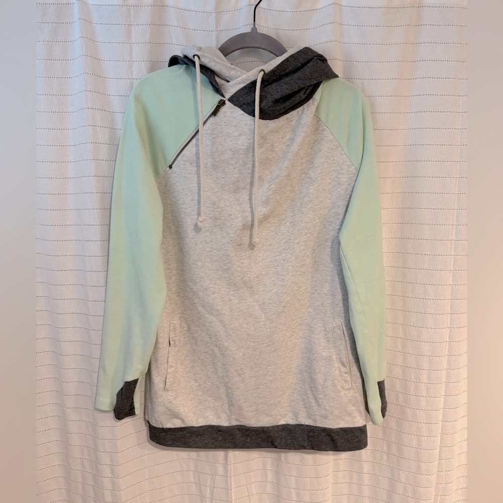 AMPERSAND AVE Baseball DoubleHood Sweatshirt Hoodie Mint and Gray Size Large